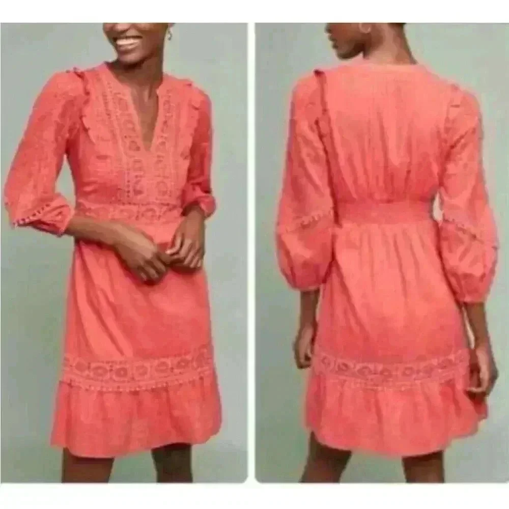 Anthro Akemi + Kin Josephine Small Embroidered Dress Coral 3/4 Sleeve NO SLIP - Picture 1 of 14